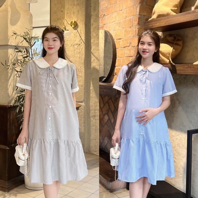 Đầm Bầu Công Sở Kẻ Sọc Phom Đuôi Cá Phối Viền Tay Trẻ Trung Chất Cotton Mềm Mát Mẻ Cho Mùa Hè - Đen