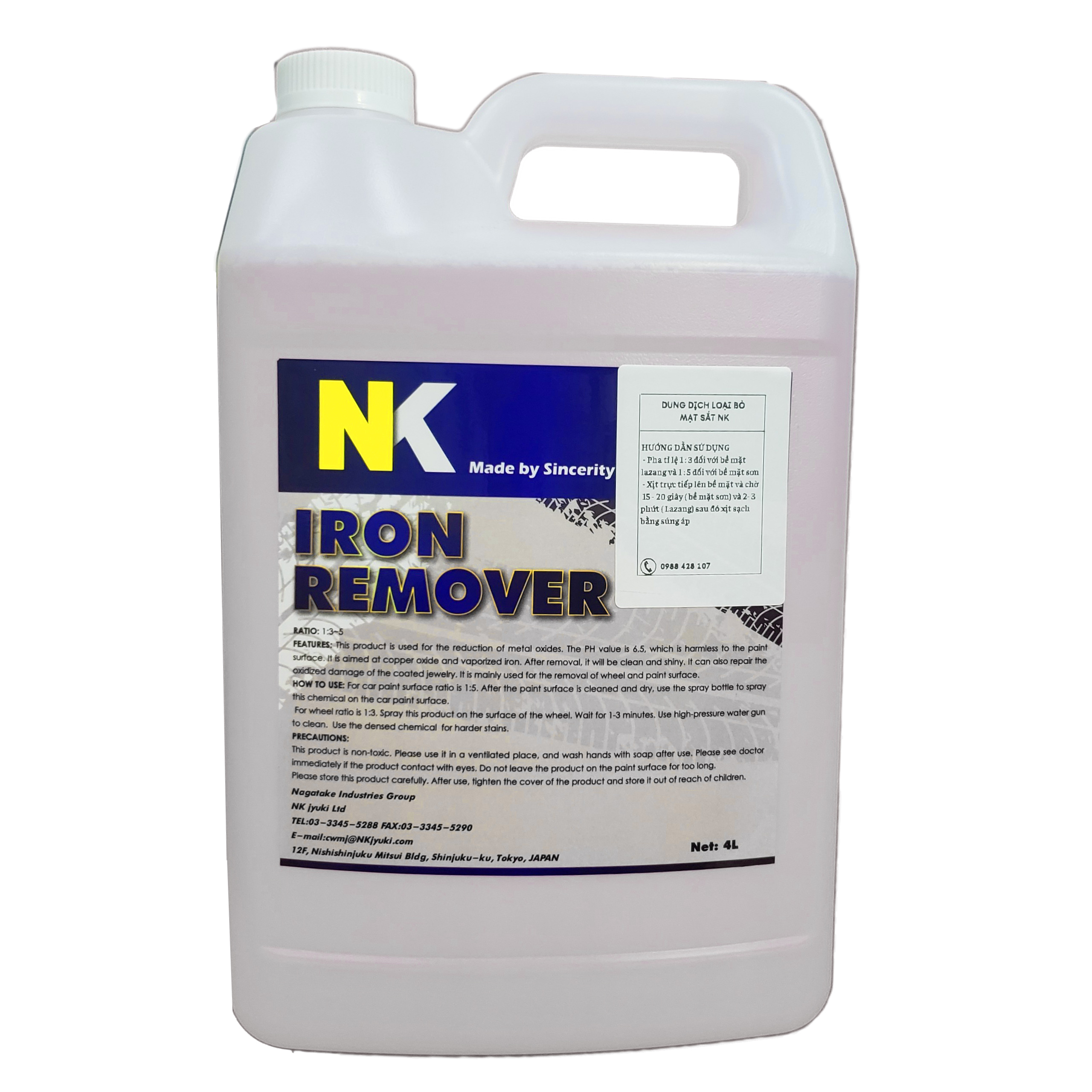 Dung Dịch Loại Bỏ Mạt Sắt NK - Can 4L - Iron Remover | Tẩy Mạt Sắt Má Phanh, Bề Mặt Sơn