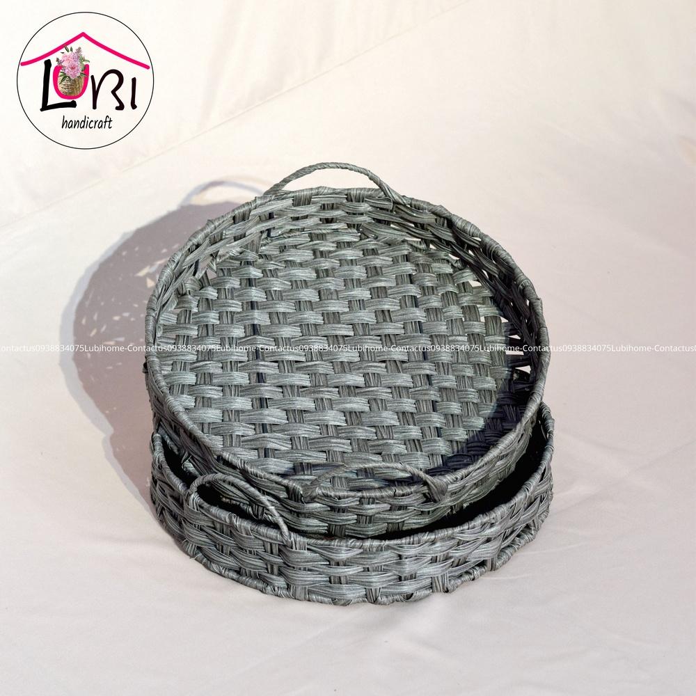 Lubihandicraft - Khay tròn đựng đồ đan dây nhựa xám quai cầm bán nguyệt - xinh xắn