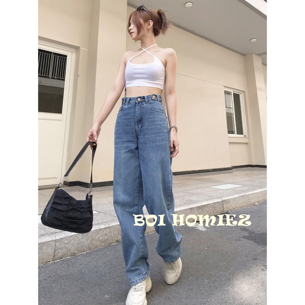 Quần Jeans nữ ống rộng Simple Jeans lưng cao dáng suông cao cấp, unisex ( MÀU ĐẬM )