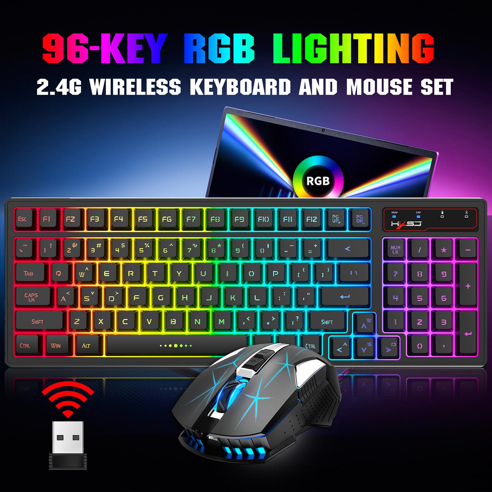 HXSJ 2.4G Wireless Rechargeable Keyboard Mouse Combo 96 Keys RGB Membrane Keyboard Colorful Backlight Gaming Mouse Set