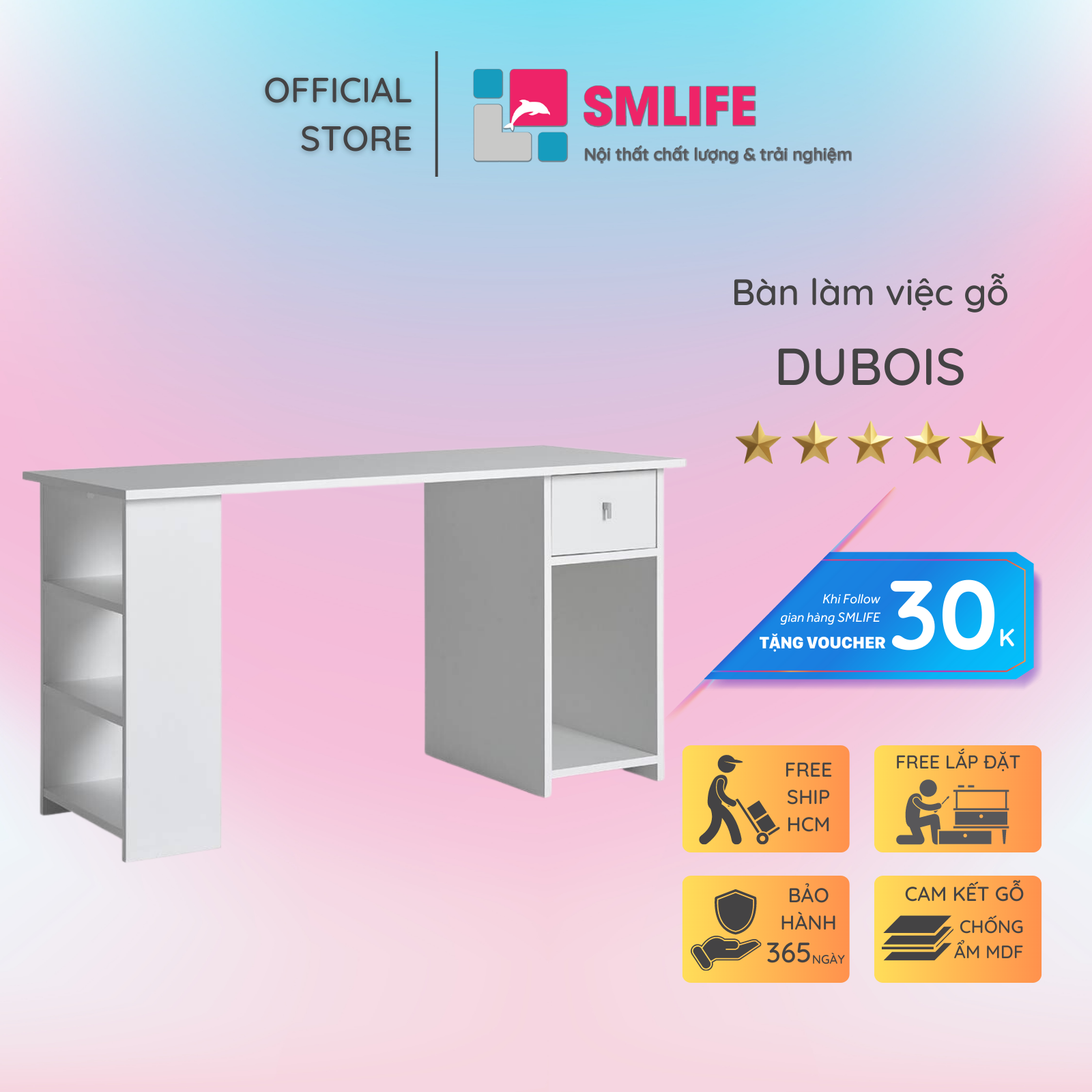 Bàn gỗ làm việc hiện đại SMLIFE Dubois | Gỗ MDF dày 17mm chống ẩm | D140xR60xC75cm