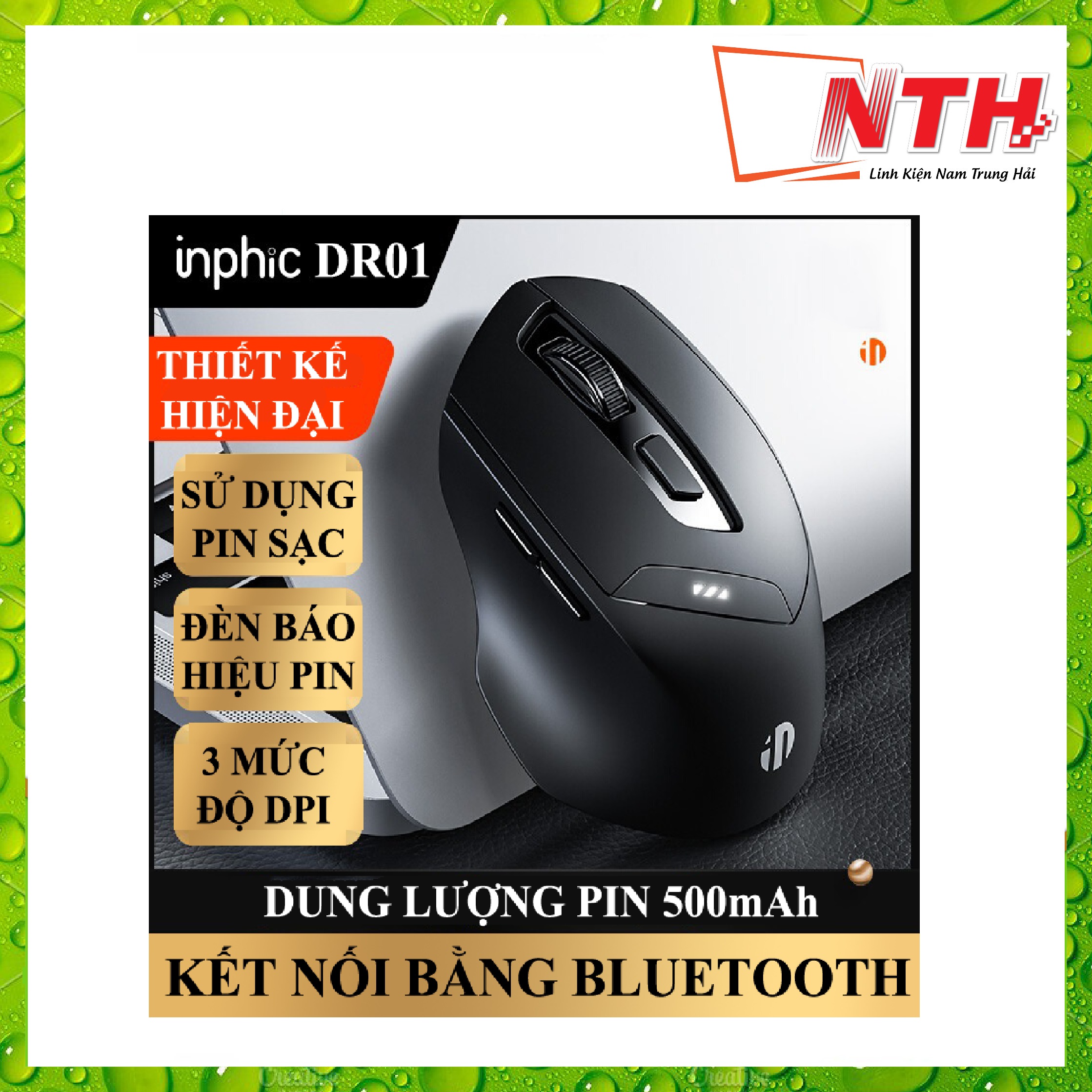 Chuột không dây INPHIC DR01 sử dụng pin sạc thiết kế hiện đại với độ DPI lên đến 1600 có đèn led báo hiệu dung lượng pin - Hàng Nhập Khẩu - NTH