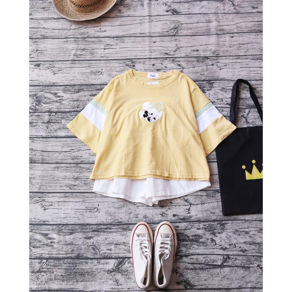 ÁO THUN THÊU HOẠT HÌNH PHỐI TAY MÀU