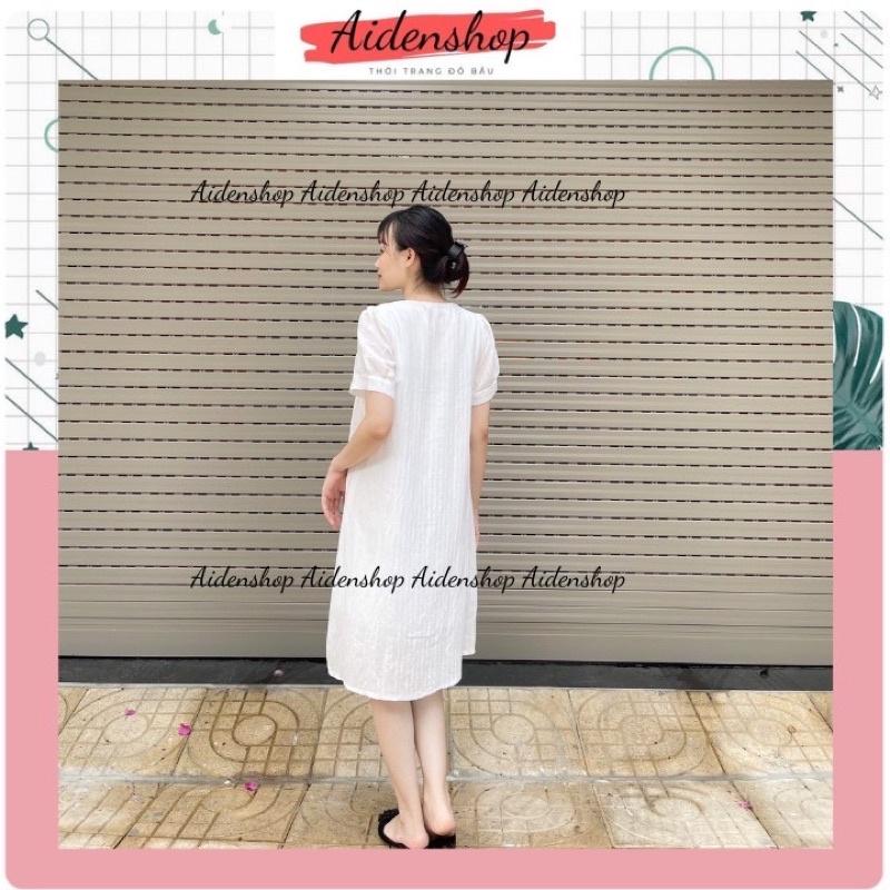 Váy bầu thiết kế công sở Aidenshop Đầm bầu thời trang dáng suông màu trắng chất thô lụa 2 lớp