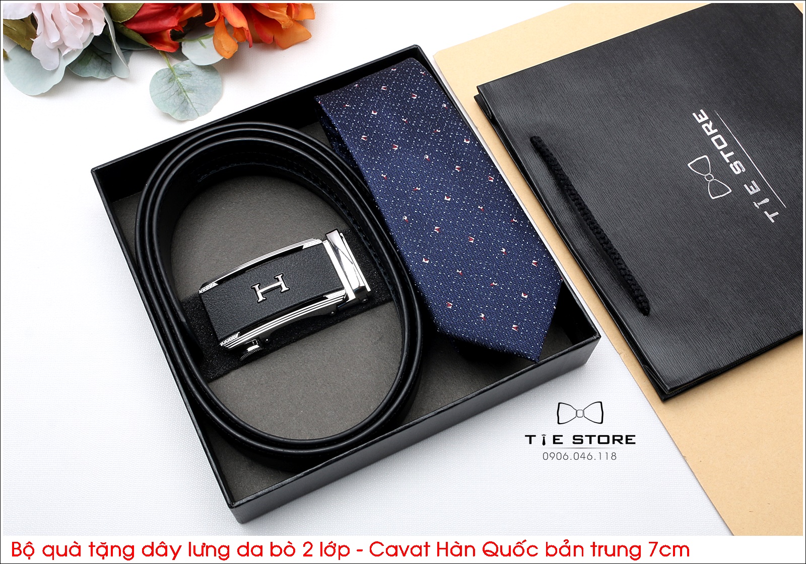 Bộ quà tặng thầy, tặng người thân, tặng sếp, Dây lưng da bò 2 lớp - Cavat hàn quốc bản trung 7cm - Full box