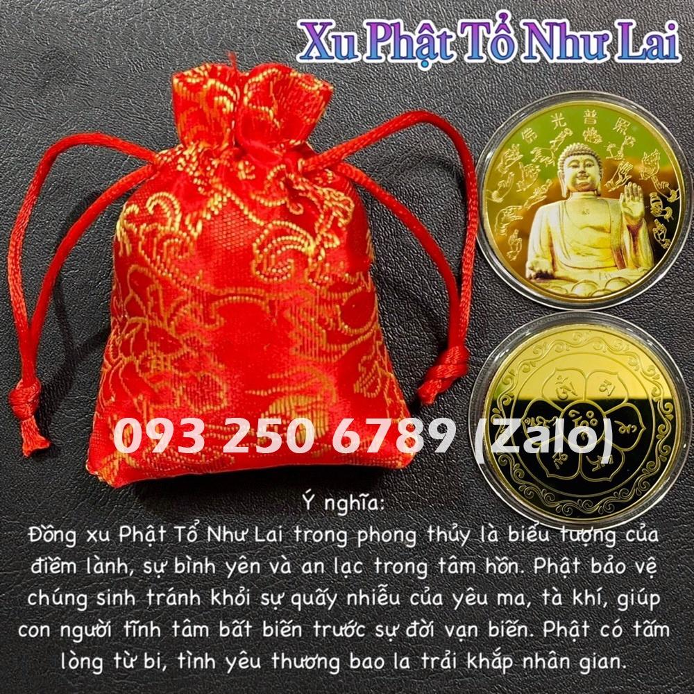Đồng Xu Đức Phật, Phật Tổ Như Lai Mạ Vàng Quà Tặng Bình An May Mắn, mẫu NGỒI, tặng túi gấm đỏ - NELI - RƯỚC LỘC XUÂN