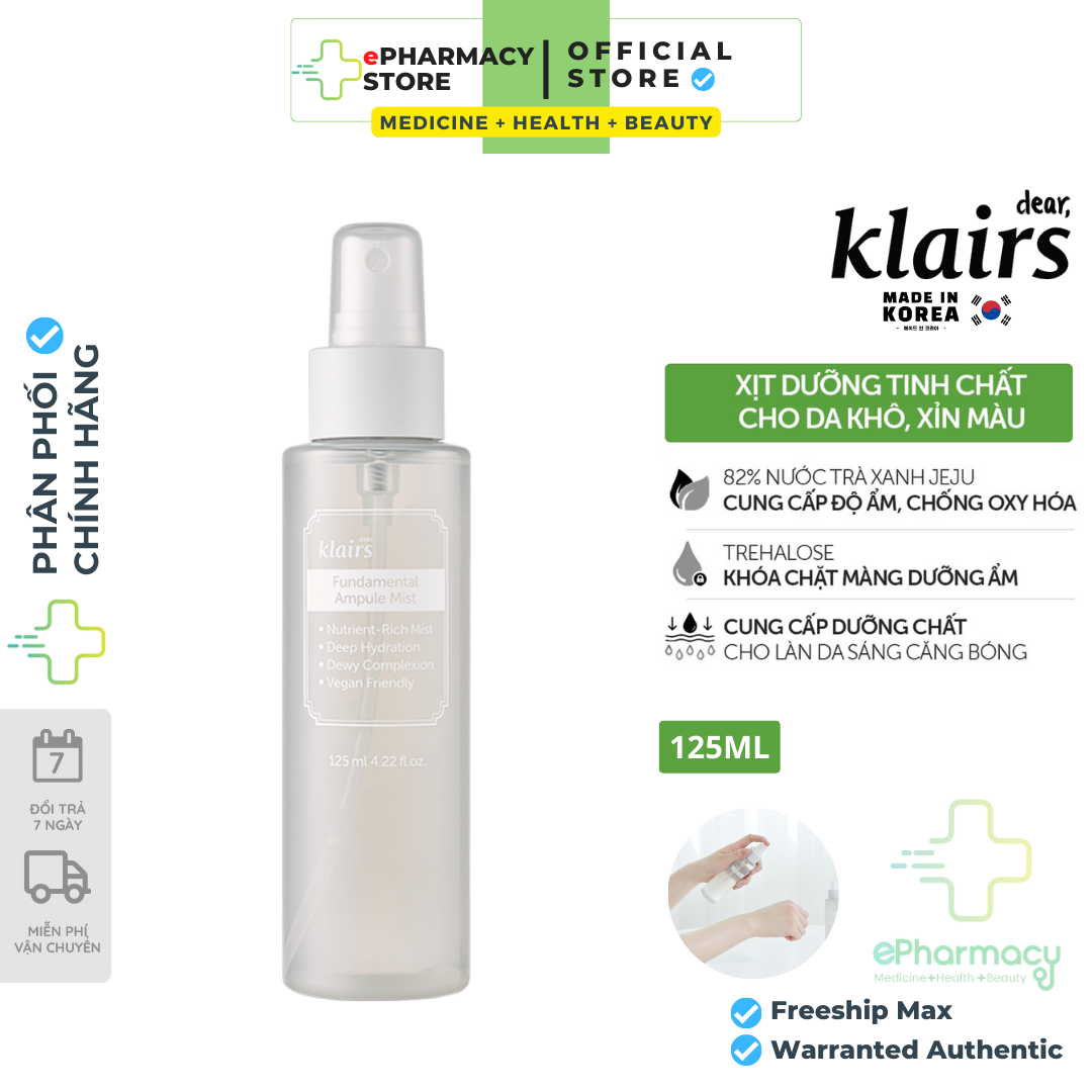 Klairs Xịt Khoáng Fundamental Ampoule Mist dưỡng ẩm, sáng da và chống lão hóa 125ml