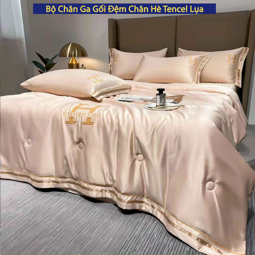 Bộ Chăn Ga Gối Nệm Đệm 5 Món Phi Lụa Chữ H Luxury Cao Cấp Bo Chun Drap Giường Chăn Chần Bông