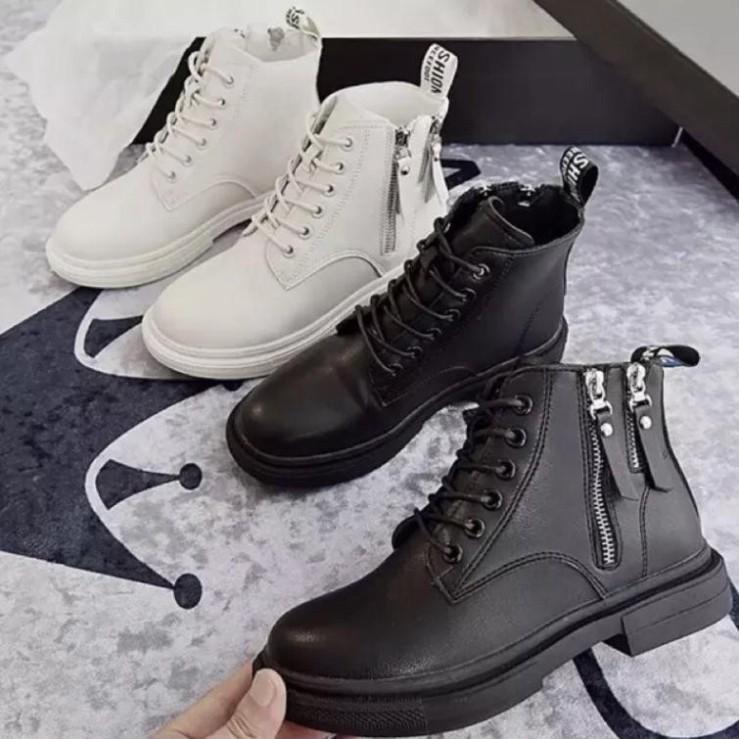 Giày Boots Nữ, Boots Nữ Cổ Thấp 3cm Hai Khóa Hot Hit Siêu Đẹp Hai Màu Đen Kem Minhtushoes Giày Nữ Cao cấp