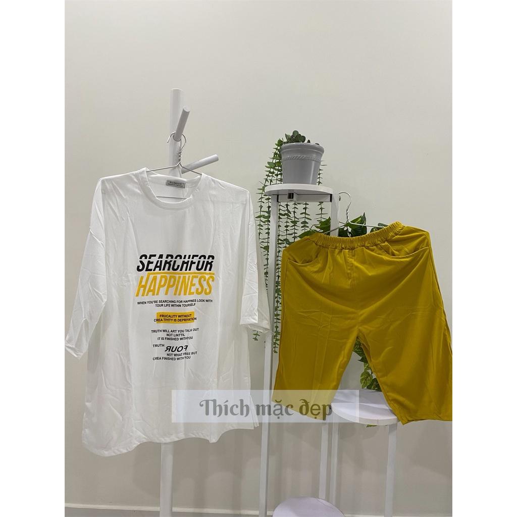 Đồ bộ nữ thun cotton form rộng style hàn quốc tay ngắn quần đùi lửng ôm in chữ cá tính 03 màu đen tím vàng
