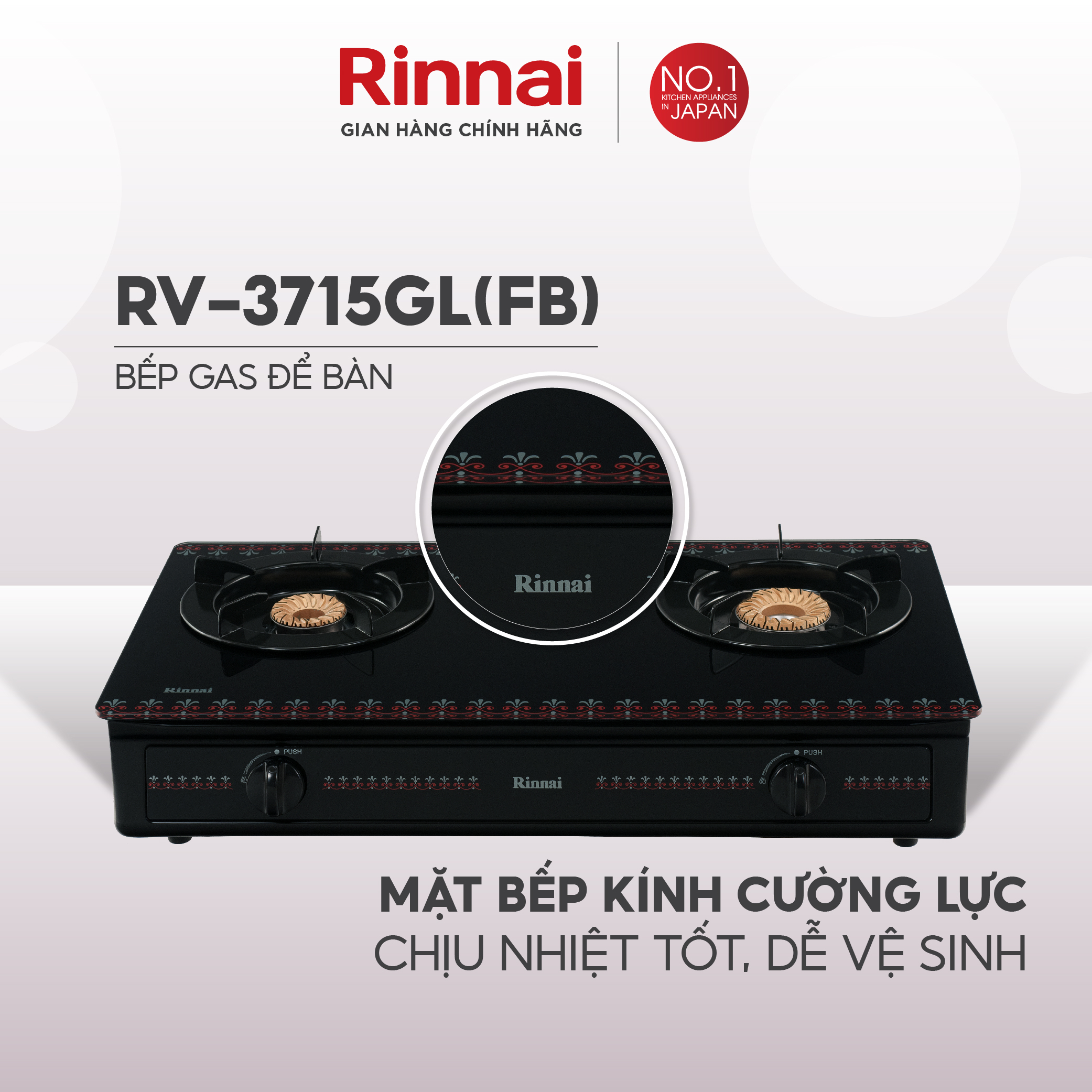 Bếp gas dương Rinnai RV-3715GL(FB) mặt bếp kính và kiềng bếp men - Hàng chính hãng.