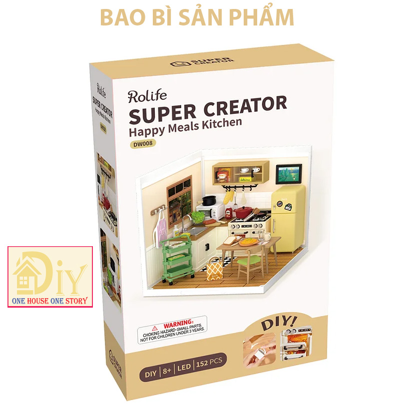 [Bản Tiếng Anh] Nhà Búp Bê tự làm Robotime bằng Nhựa ABS có đèn led. DW008 Rolife Super Creator HAPPY MEAL KITCHEN