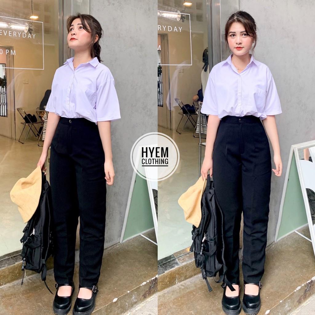 Quần Tây Nữ Nút Giữa Lưng Cạp Siêu Cao Dáng Baggy Suông Dài Basic Đi Học Công Sở Cao Cấp-Có Bigsize