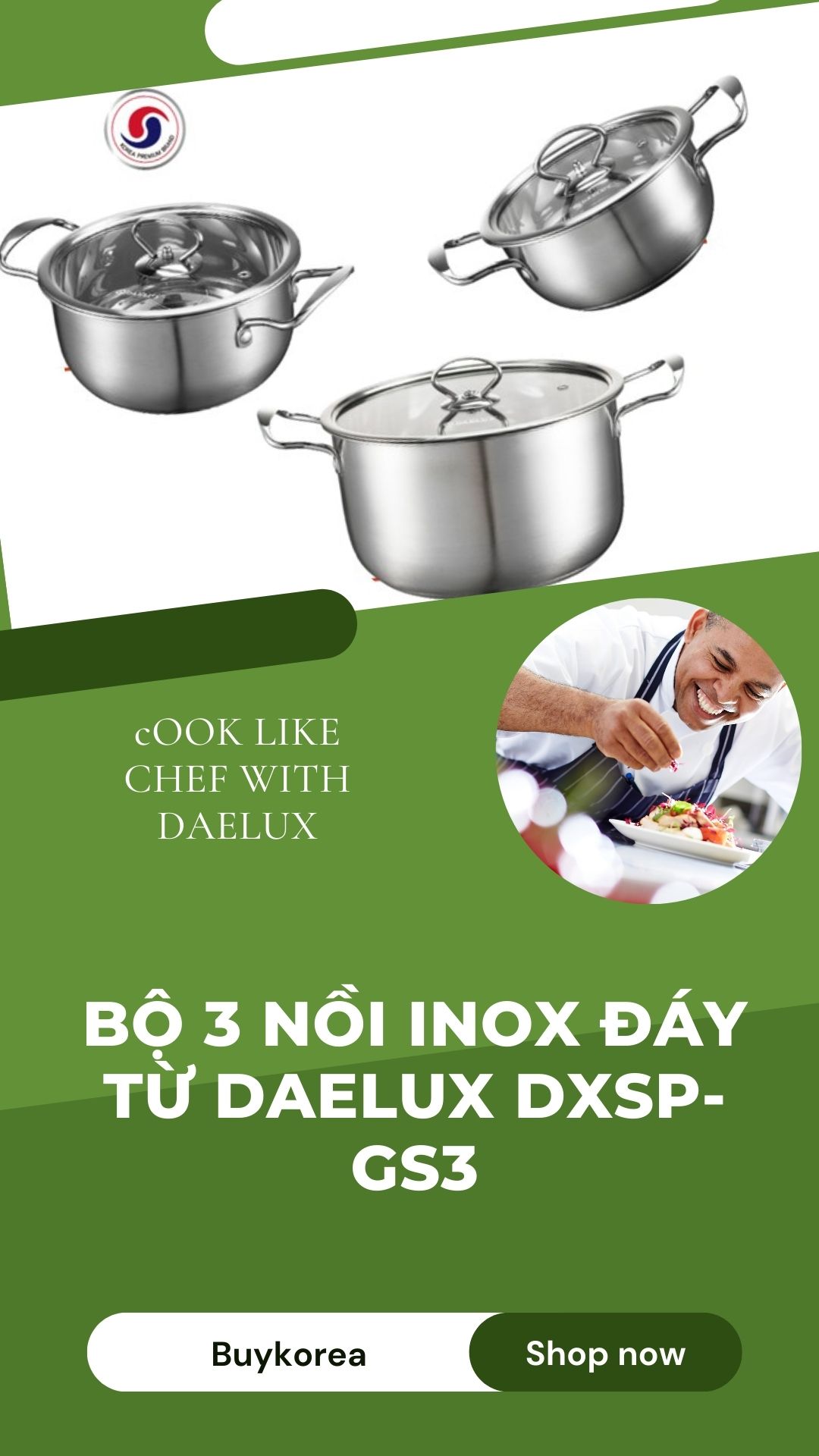 Bộ 3 nồi Inox 304 đáy từ 5 lớp siêu bền Daelux size 16 + 20 + 24cm nắp kính cường lực DXSP-GS3, hàng chính hãng