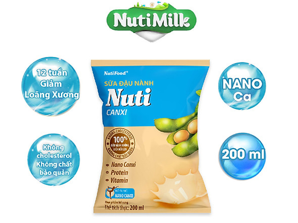 Thùng Sữa Đậu Nành Nutimilk Canxi 200ml (Bịch 200ml x 36) - Bổ Sung Thêm Canxi
