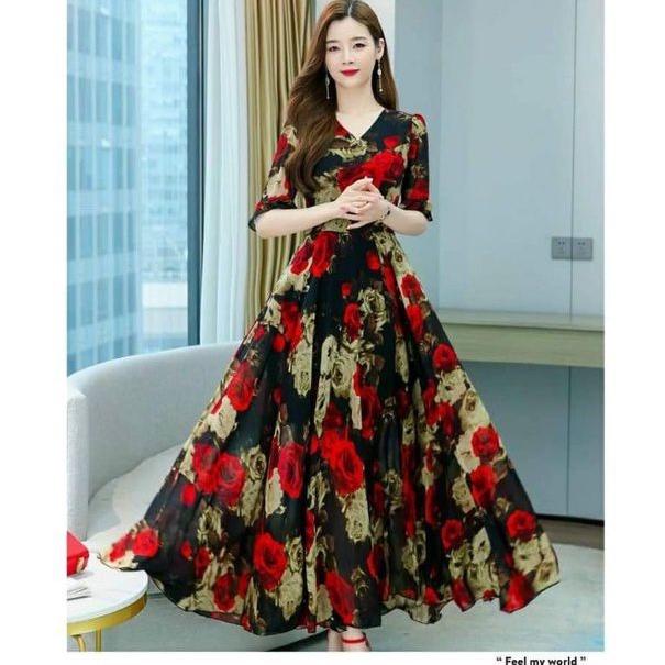 HÀNG NHẬP - ĐẦM MAXI VOAN CỔ V TAY LOE