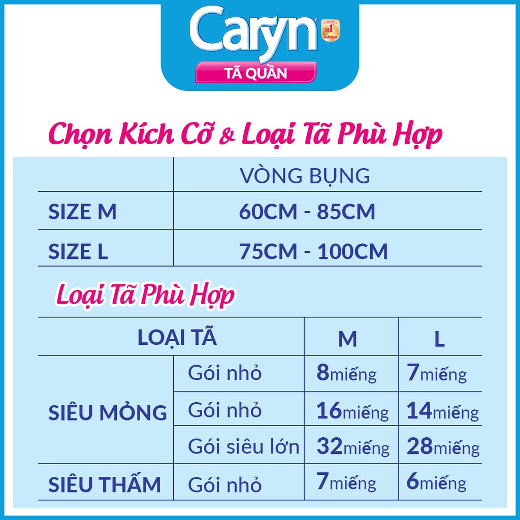 Tã Quần Caryn Mỏng Nhẹ Chống Tràn Size L - 14 Miếng/28 Miếng Dành Cho Người Lớn (Có Thể Tự Đi Lại Được)