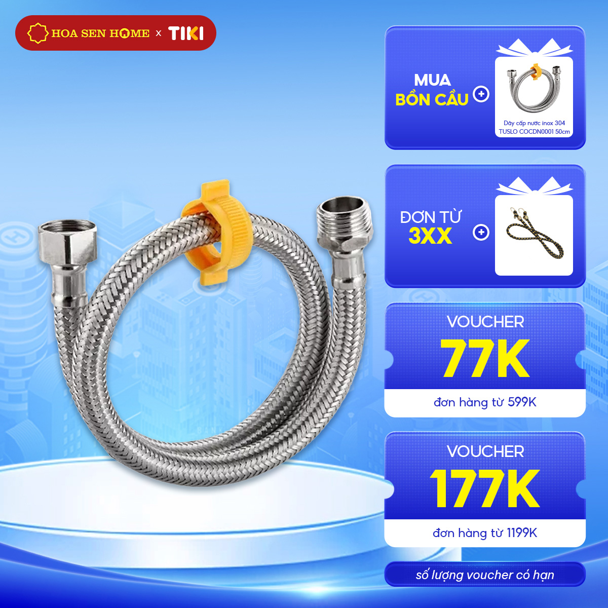 Dây cấp nước inox 304 TUSLO COCDN0001 dài 50cm áp lực cao, Dây cấp nước bồn cầu - bình nước nóng - máy giặt - vòi sen - Hoa Sen Home - Hàng chính hãng