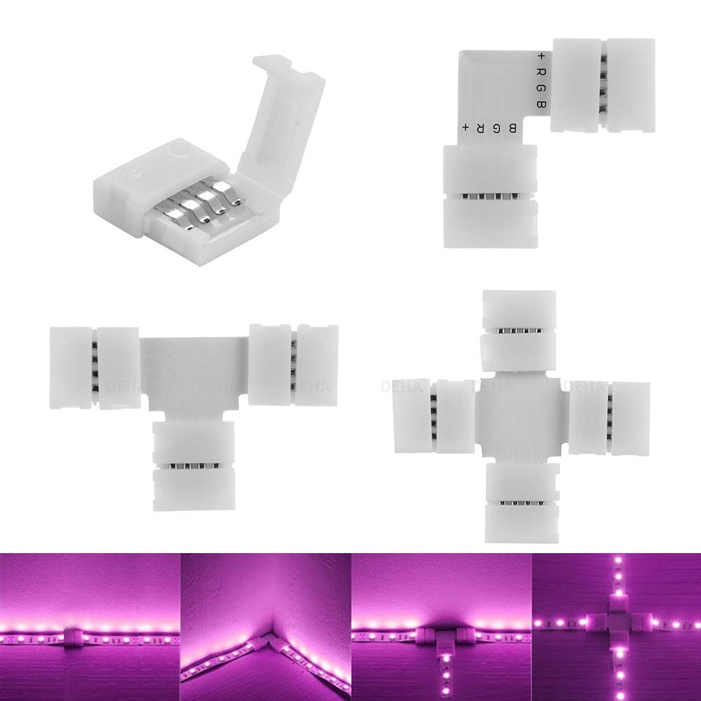 Đầu nối chữ T 4 chân cho led dây dán 5050, 2835, 3528 RGB đổi màu connector 4P pin 10 mm chia 3 vuông, 1 chia 2 trang trí dán tường thạch cao, cây máy tính, màn hình, ti vi, TV, Gaming, Tiktok dán tường, chống nước bền đẹp- Chính hãng DEHA