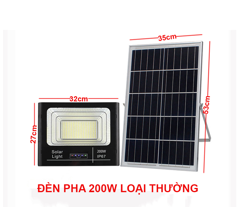 Đèn pha năng lượng mặt trời 200W loại thường –Vỏ nhôm,Tấm pin NLMT rời,Ánh sáng trắng, Báo pin ngoài