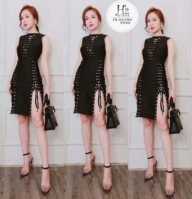 Đầm body cọc tay đan dây xẻ đùi