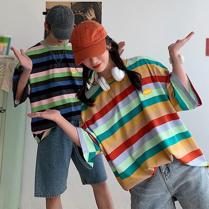 Women's Summer Casual T Shirt Short Sleeve O-Neck Rainbow Striped Loose Tee Lovers Tops