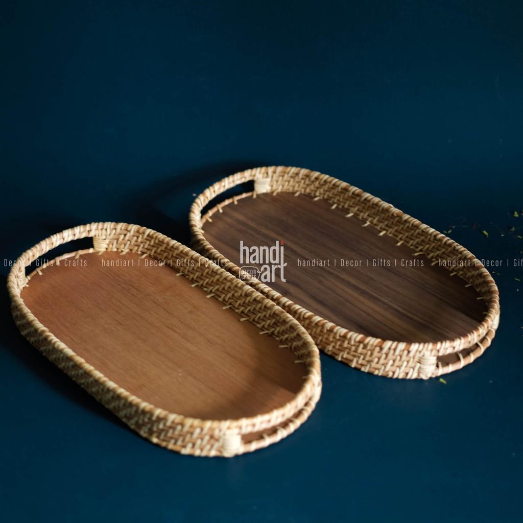 Khay mây oval - Khay oval đế gỗ - Oval rattan tray