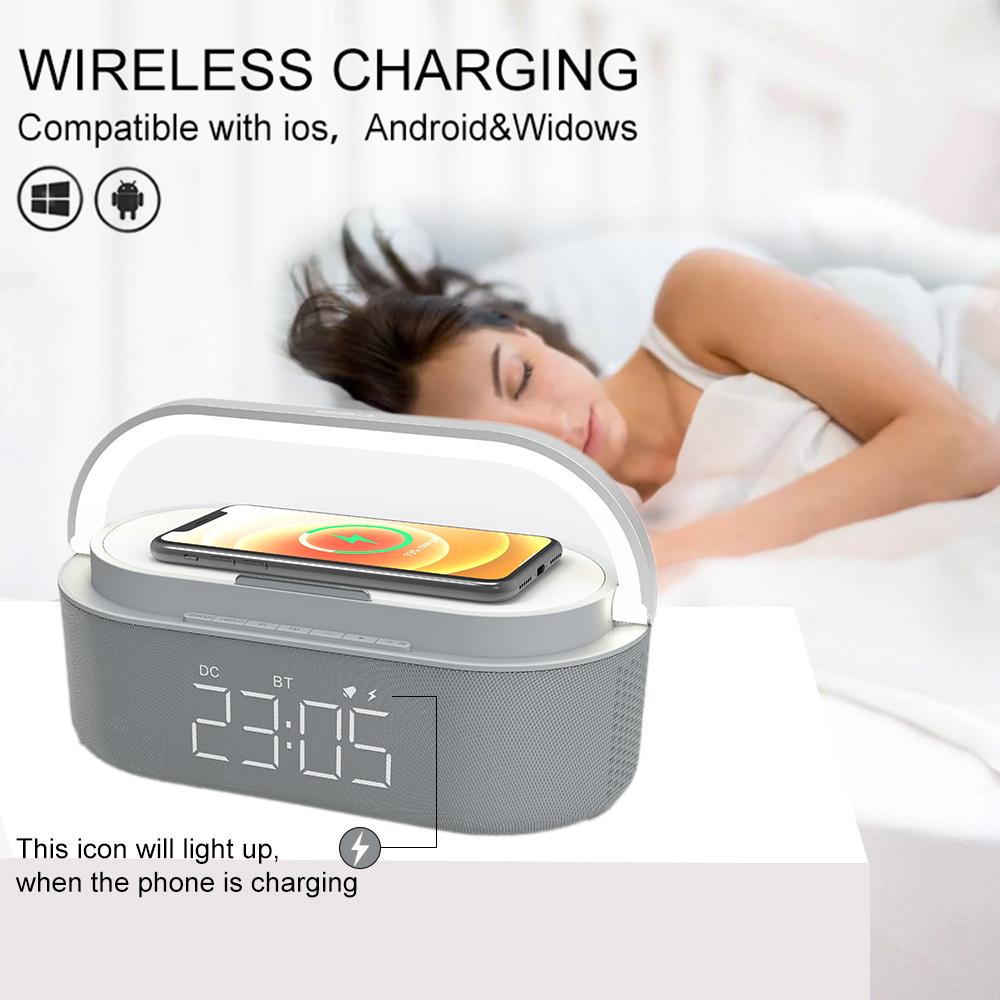Đồng hồ báo thức loa di động Bộ sạc không dây FM Đèn radio Đèn Picnic Out loa kép Bluetooth 1500min Thời gian chơi cho màu nhà: Gỗ