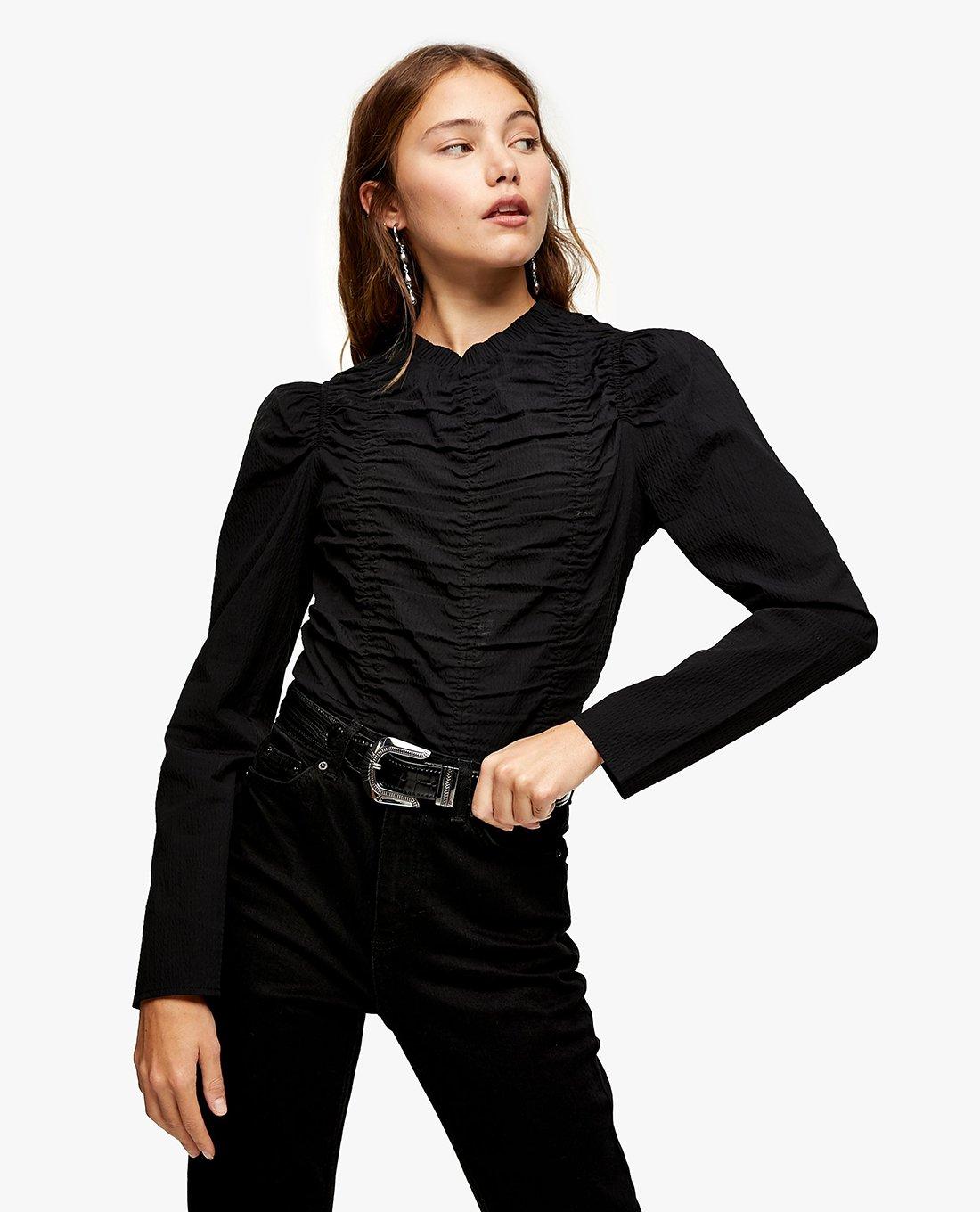 TOPSHOP - Áo kiểu nữ tay dài nhún bèo Black Ruched 13P68TBLK