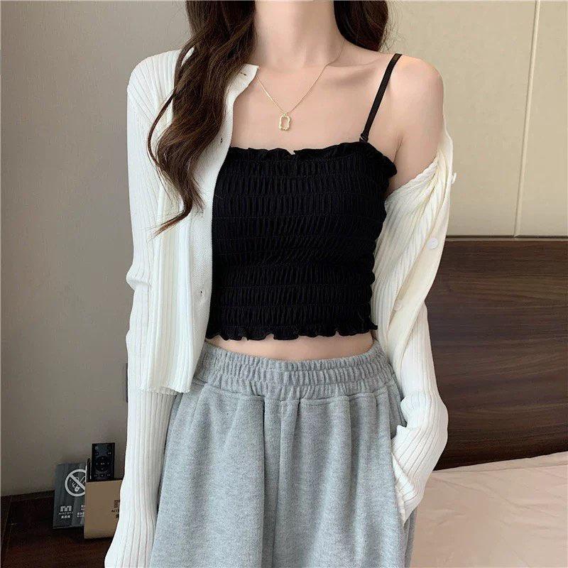M31. Áo 2 dây croptop thun nhún sẵn mút ngực cá tính, áo nữ kiểu crotop sang chảnh 2022