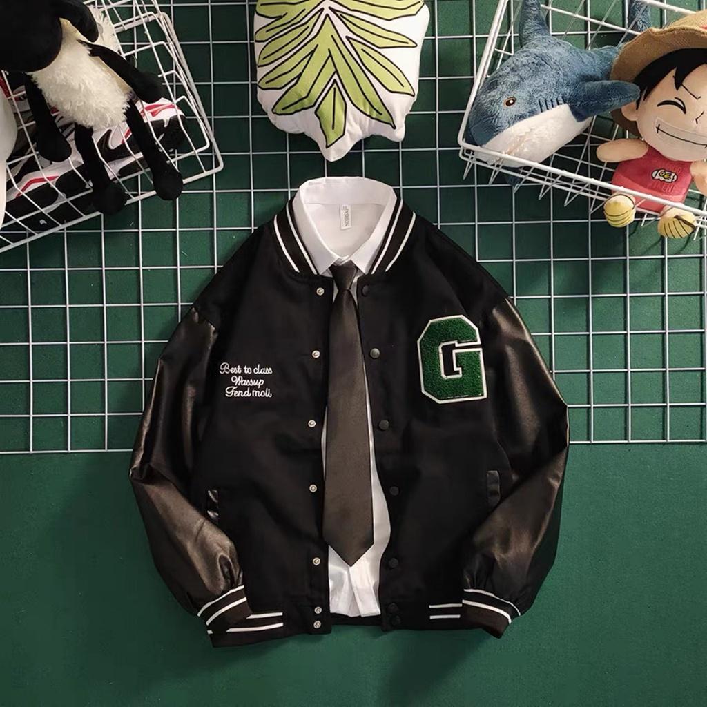 Áo Bomber Unisex Nam Nữ Tay Da Thêu Chữ G Dáng Thụng Cúc Bấm