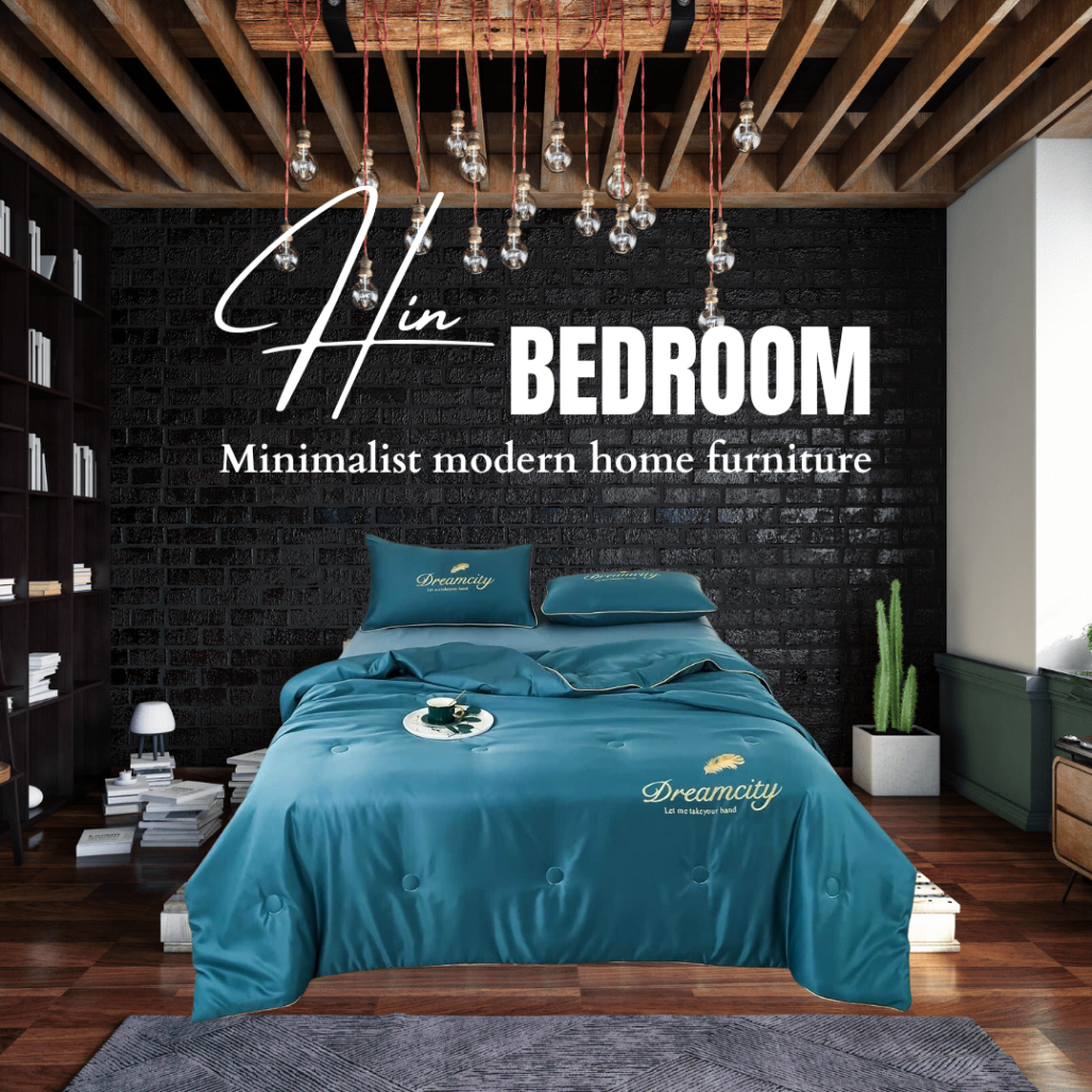 Bộ Chăn Ga Gối Đệm 5 Món Lụa Dream City Set Chăn Ga Drap Trải Giường Chăn Chần Bông Đẹp Hin Home Bedding Mẫu Xanh Biển