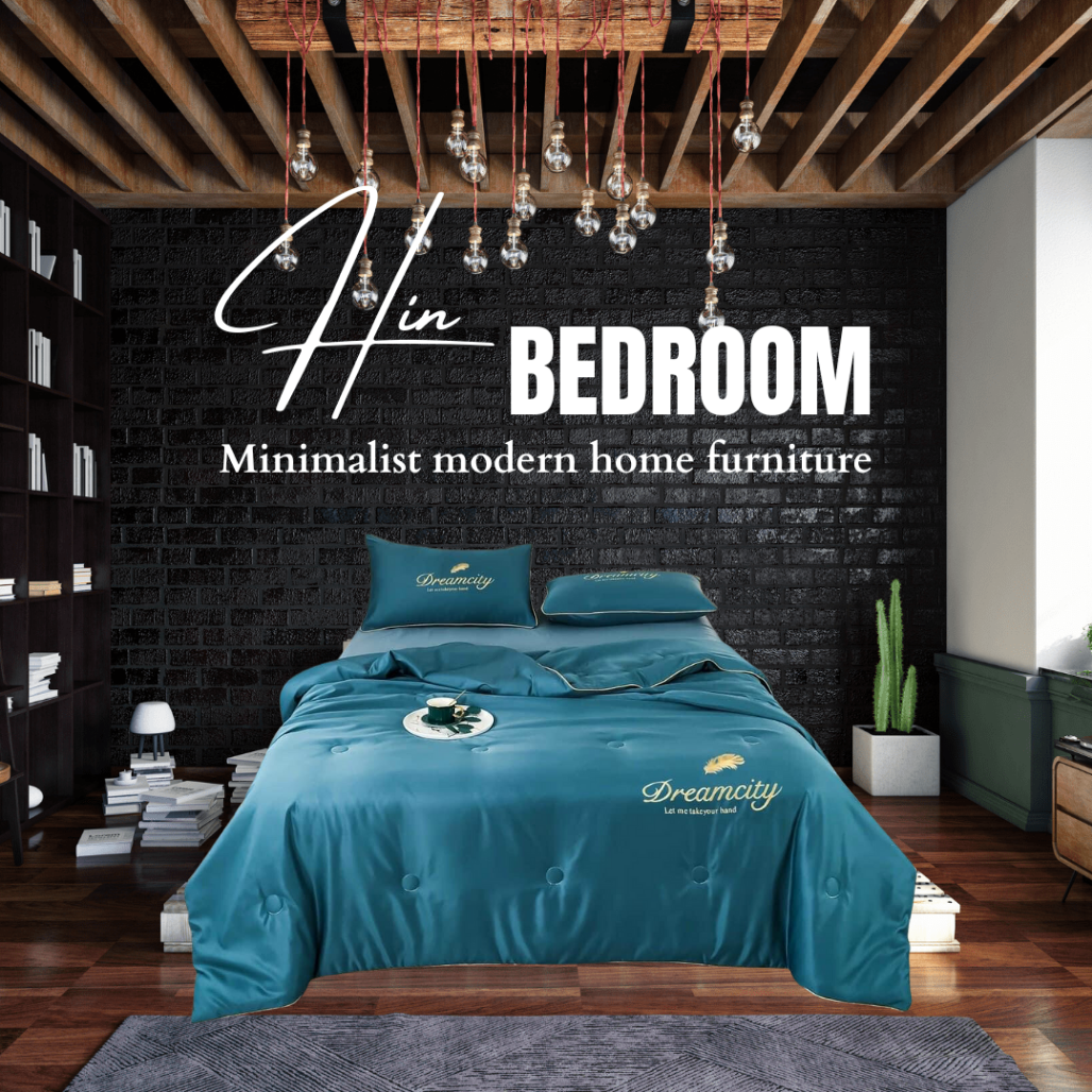 Bộ Chăn Ga Gối Đệm 5 Món Lụa Dream City Set Chăn Ga Drap Trải Giường Chăn Chần Bông Đẹp Hin Home Bedding Xanh Biển Đậm