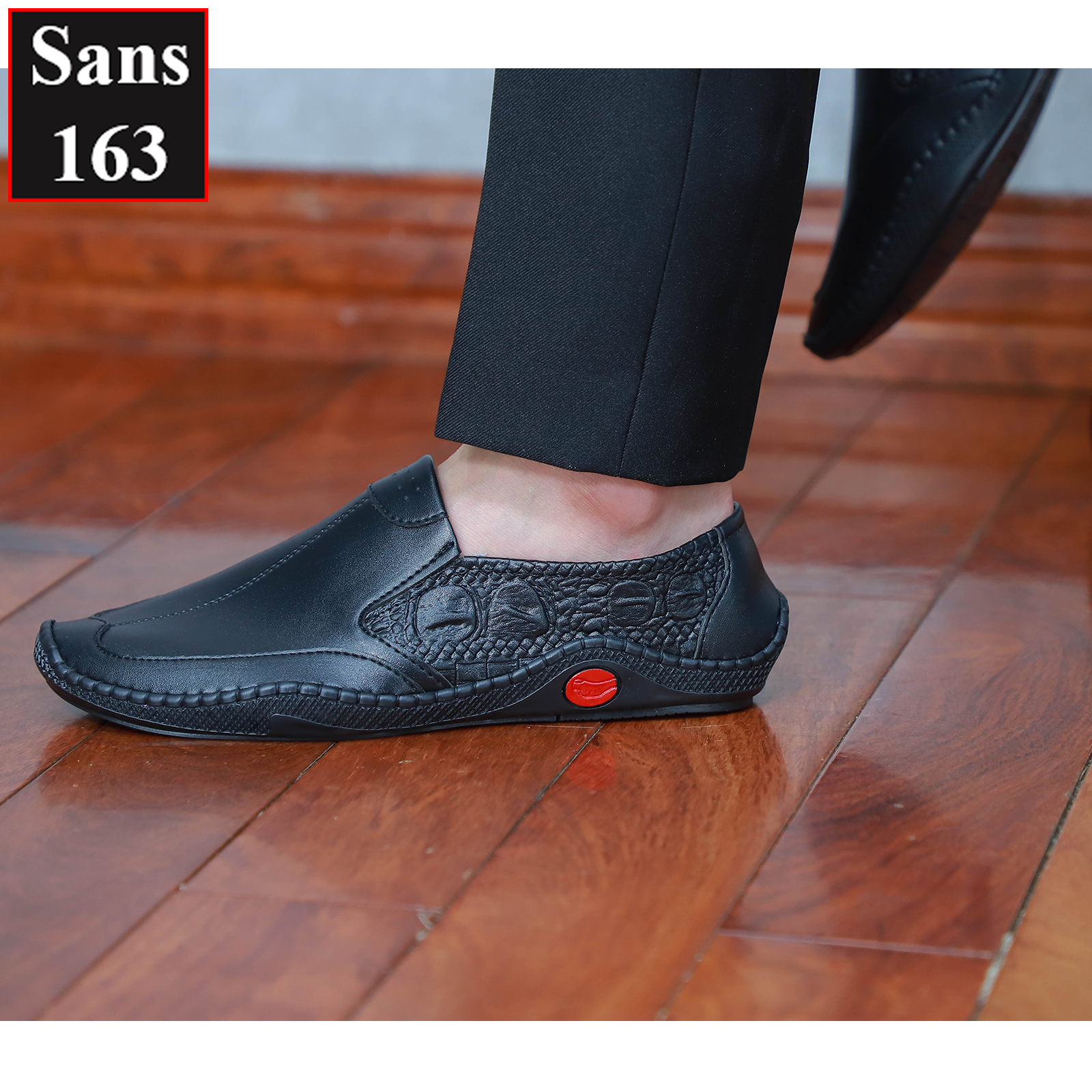 Giày mọi nam giá rẻ Sans163 giầy lười mềm trơn moca công sở đế bệt mũi vuông đen nâu đẹp thời trang hàn quốc đi làm
