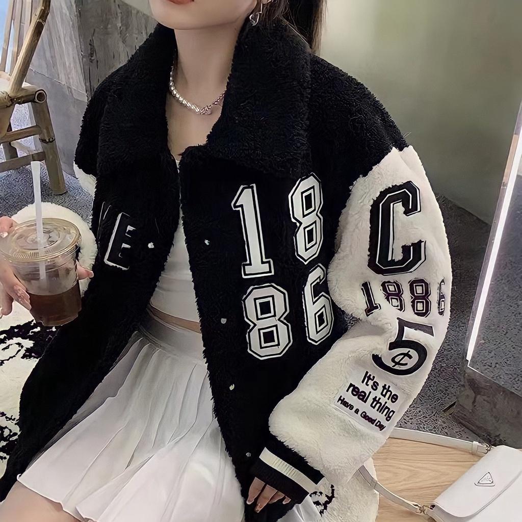 Áo Khoác Lông Chữ Thêu 1886 Dáng Lỡ Phối Màu Cổ Bẻ Dài Tay Basic