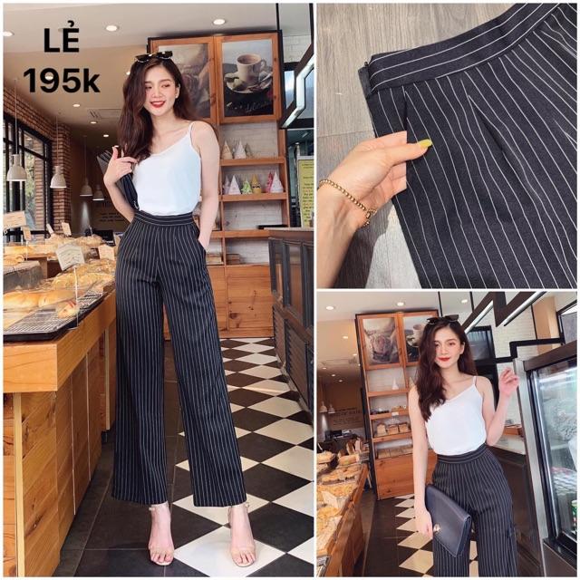 Quần kẻ cạp chun sau ống suông khoá hông siêu hót