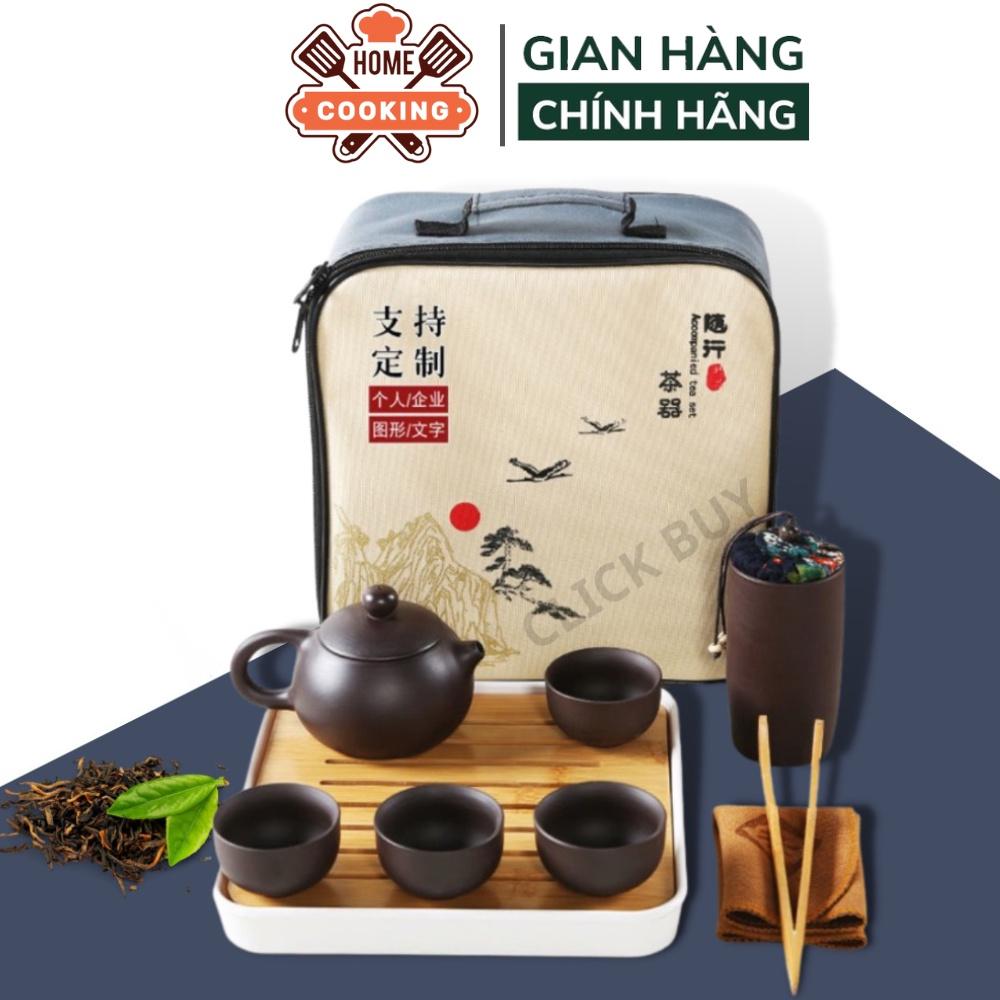 Bộ ấm chén uống trà Tử Sa du lịch 6 chén 12 món kèm khay đựng kèm túi đựng cao cấp,thiết kế sang trọng làm quà biếu tặng
