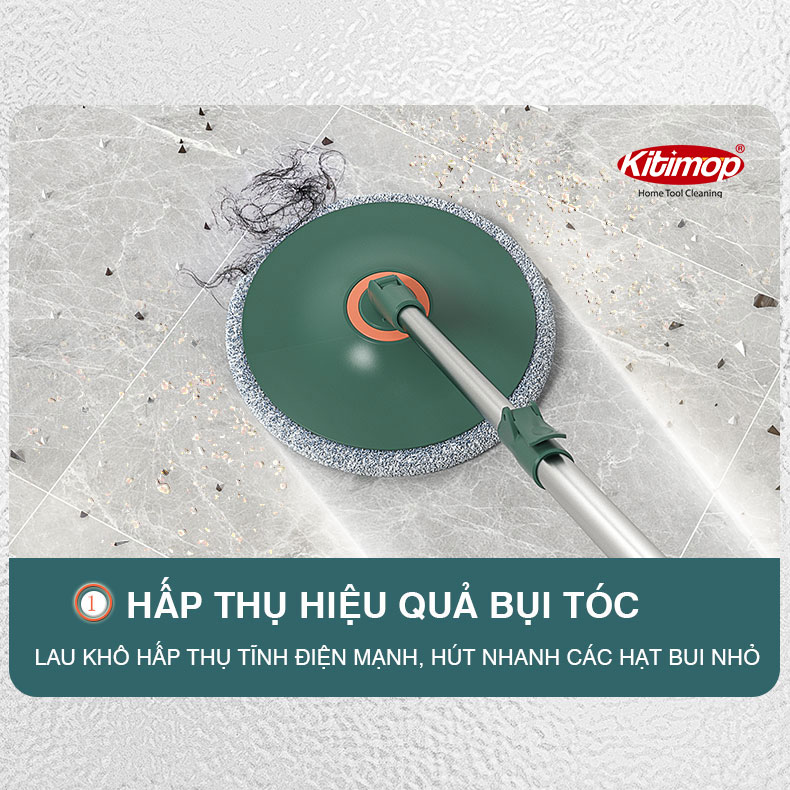 Bộ lau nhà tách nước bẩn Kitimop K22 Plus có thùng lau nhà tự vắt 2 ngăn riêng biệt, cây lau nhà 360 độ lau sàn làm sạch, bảo hành 12 tháng, 2 bông lau