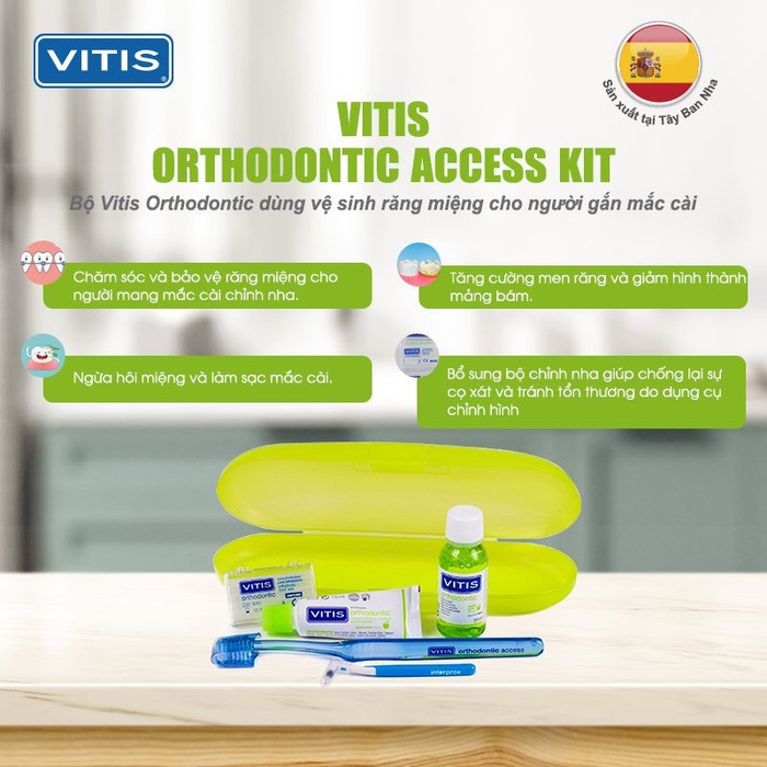 Bộ sản phẩm chăm sóc răng chỉnh nha, gắn mắc cài Vitis Orthodontic Access Kit 5 món (Bàn chải + Kem đánh răng 15ml + Nước súc miệng 30ml, cây chải kẽ răng 1.3mm, sáp giảm đau)