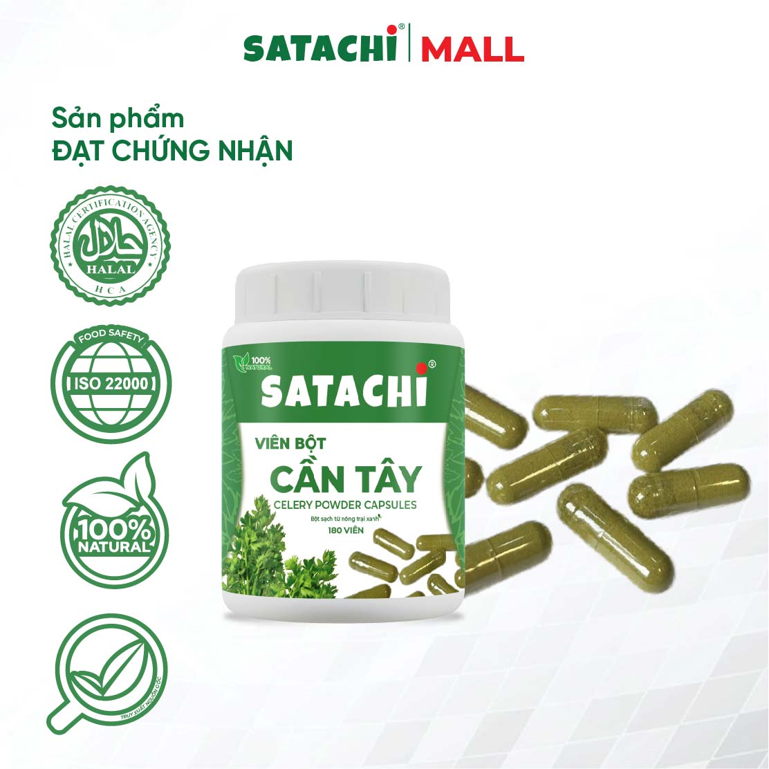 Viên Bột Cần Tây Nguyên Chất SATACHI – 100% Lá Cần Tây – Dạng Viên Tiện Lợi – Hộp 180 viên