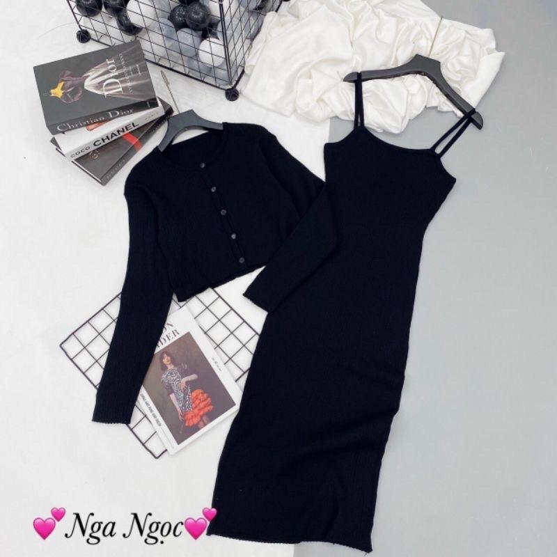 Set len váy 2 dây body kèm áo choàng len nhẹ nhàng hàng QC