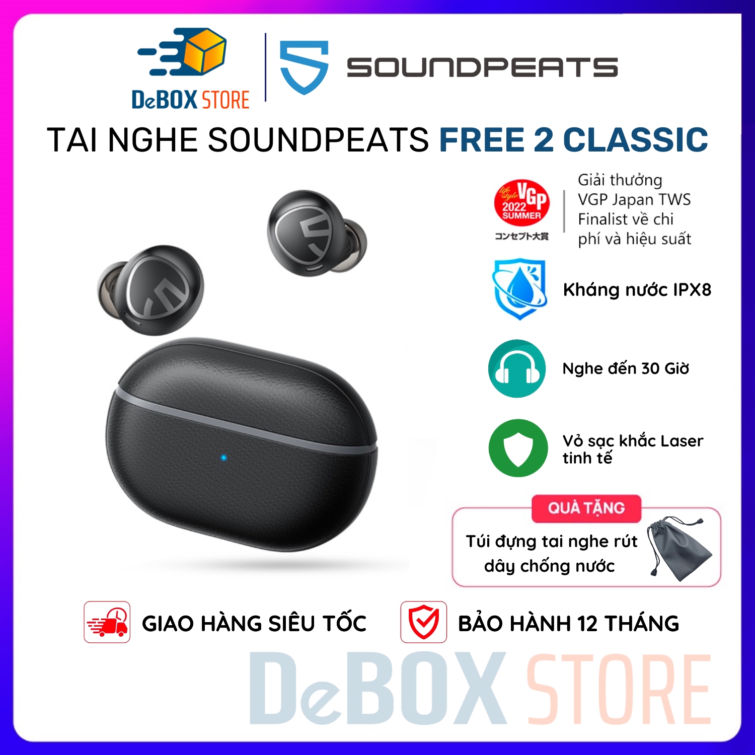 Tai nghe True Wireless SoundPEATS Free2 Classic Bluetooth 5.1, Case khắc Laser, Nghe Nhạc 30 Giờ - Hàng chính hãng
