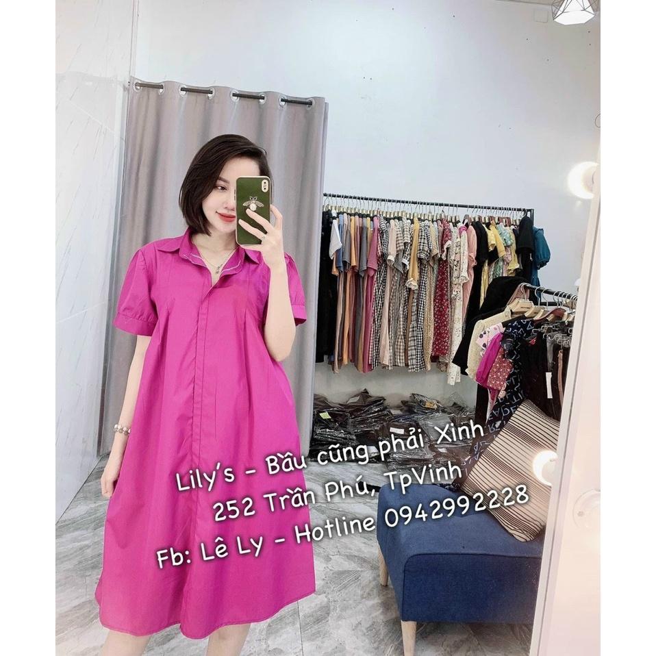 Váy Bầu Công Sở Ngắn Tay -Đầm Bầu Dáng Suông Cổ Sơ Mi Chất Mát freesize từ 45-70kg