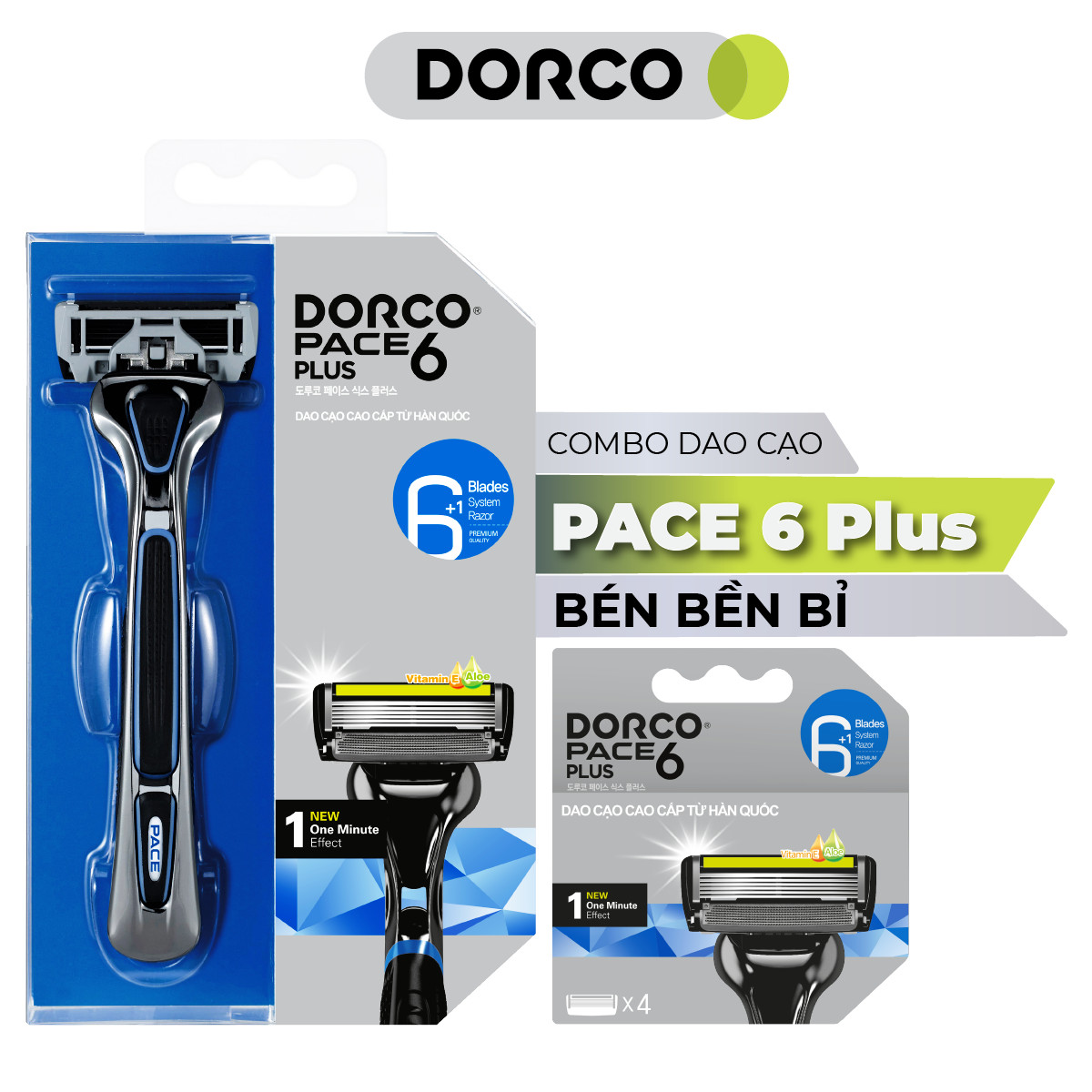 Bộ Dao cạo và Vỉ 04 đầu cạo râu 6 lưỡi DORCO PACE 6 Plus (New)