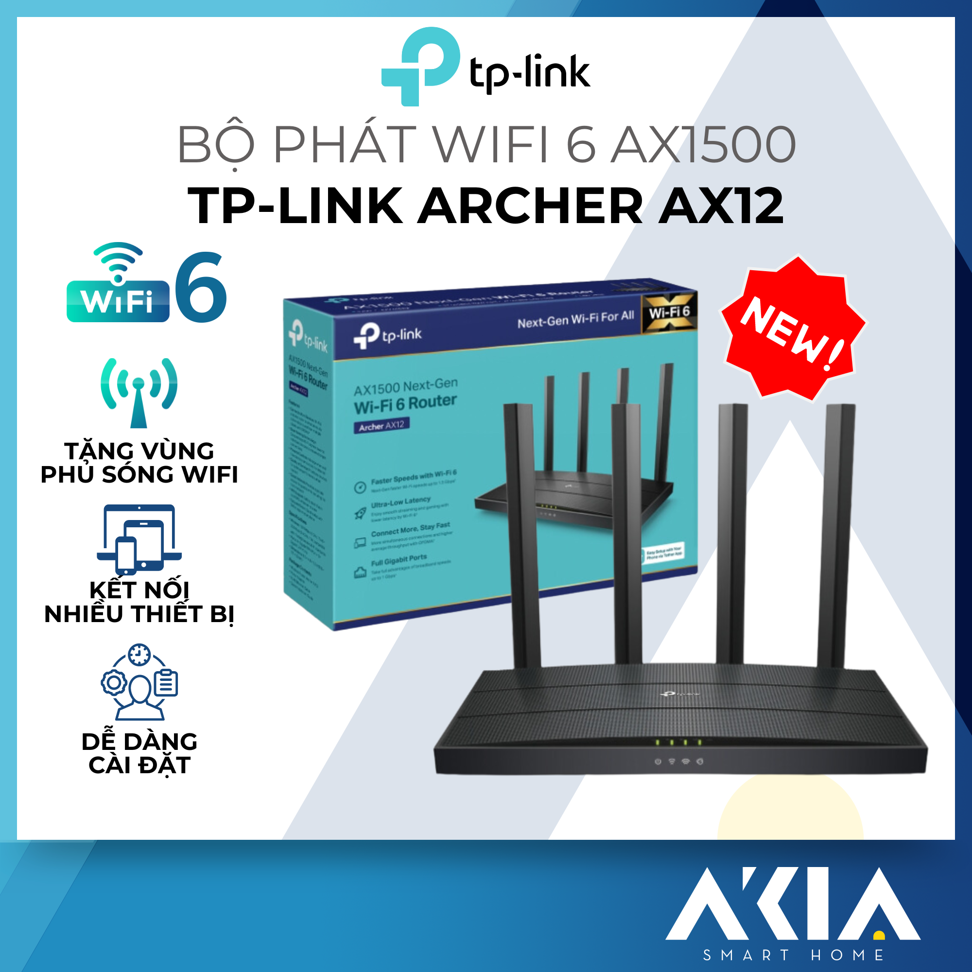 Bộ Phát Router WiFi 6 TP-Link Archer AX12 Băng Tần Kép AX1500 - HÀNG CHÍNH HÃNG