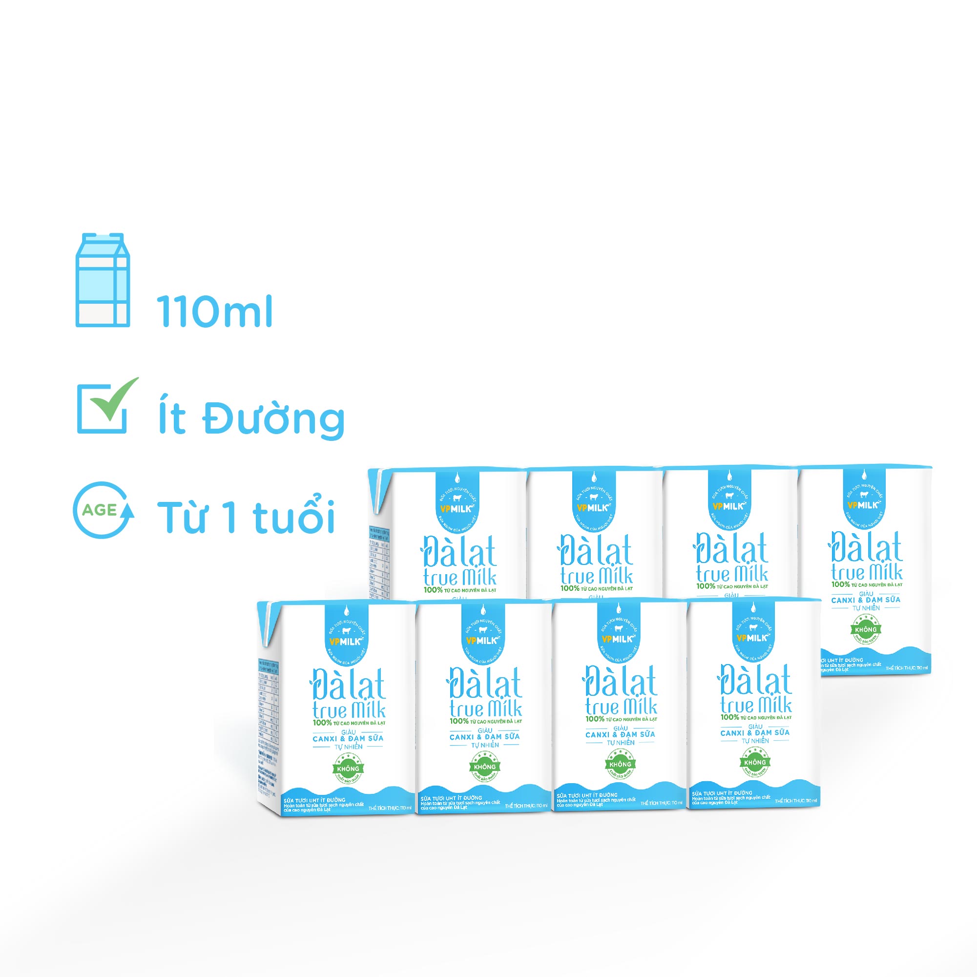 Sữa tươi UHT Đà Lạt True Milk ít đường 110ml (Thùng 48 hộp)