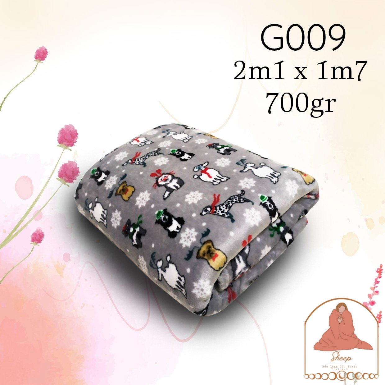 Chăn Lông Tuyết Thailand 2m2 Siêu mịn Dog Xám