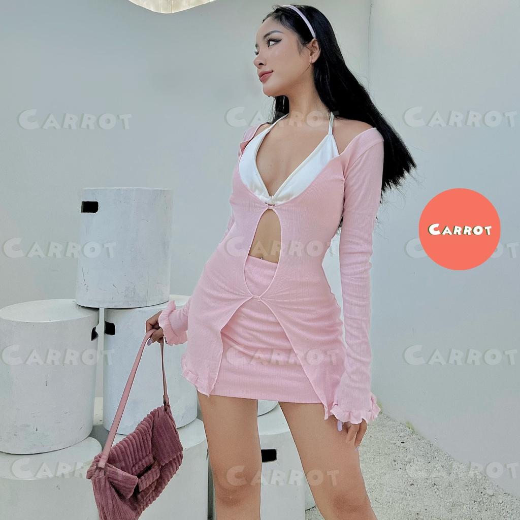 Áo croptop tay dài thiết kế xanh chân váy ôm body áo ngực trắng sexy carrotxinhdep chất vải co giãn đi biển +