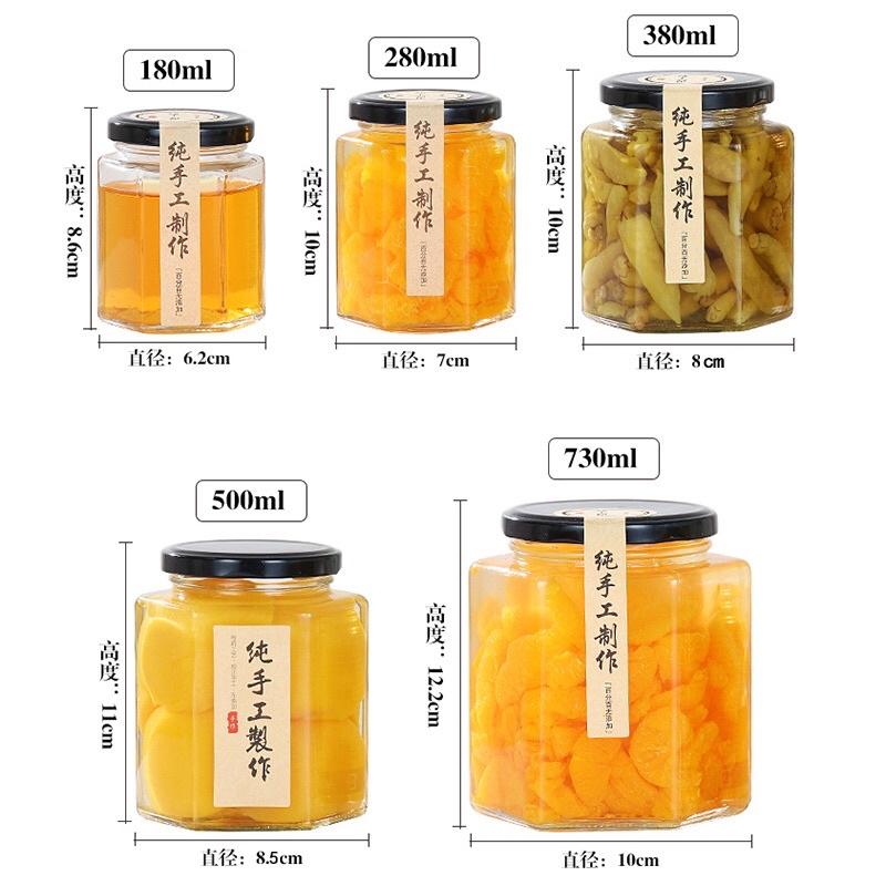 Hũ thuỷ tinh lục giác đựng mứt, ngũ cốc, mật ong (100ml/180ml/380ml/500ml)